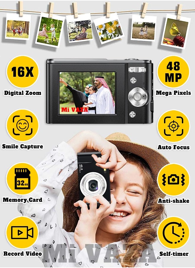 Mi VAZA Autofocus Digital Camera for Kids - FHD 1080P 48MP - Rechargeable Compact Mini Camera with 16X Digital - Portable Pocket Camera - With 32GB Memory Card 