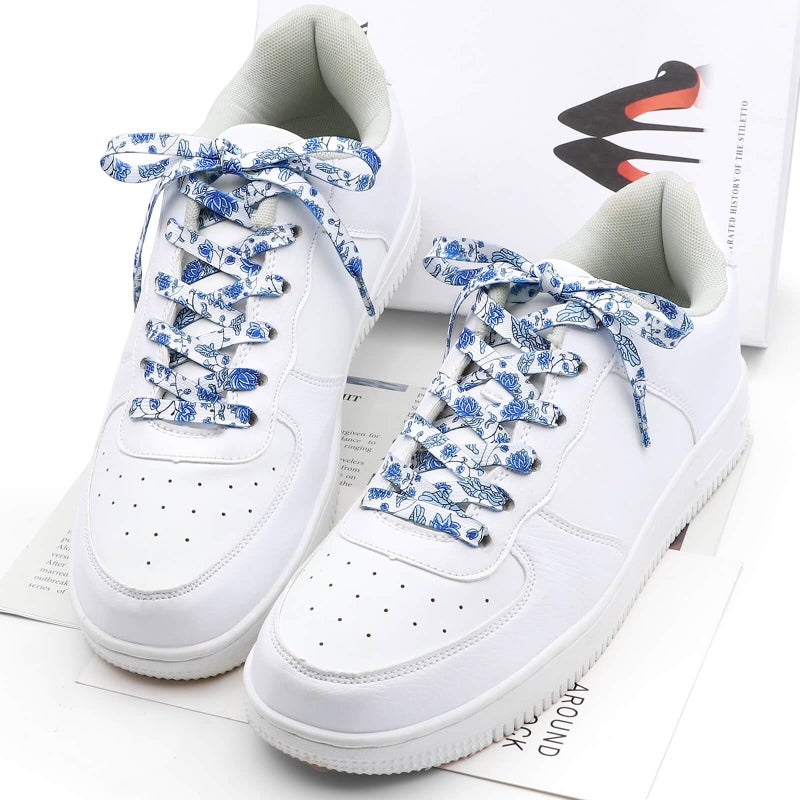 DANHUA Colored Printed Flat Shoelaces: 2 Pair White Blue Flowers Patterned Shoe Laces for Sneakers 55 inch - Image 4