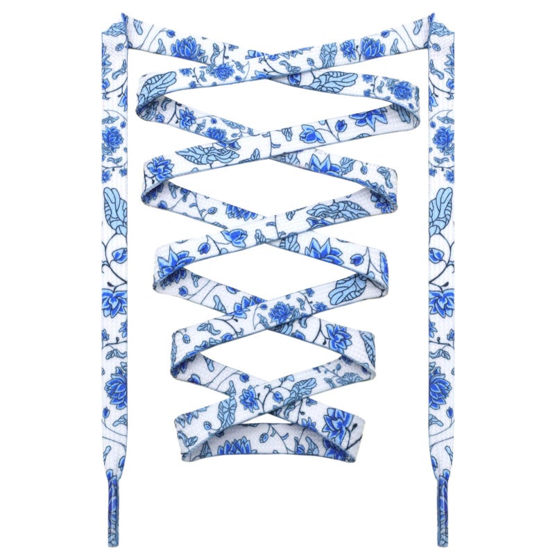DANHUA Colored Printed Flat Shoelaces: 2 Pair White Blue Flowers Patterned Shoe Laces for Sneakers 55 inch - Image 1