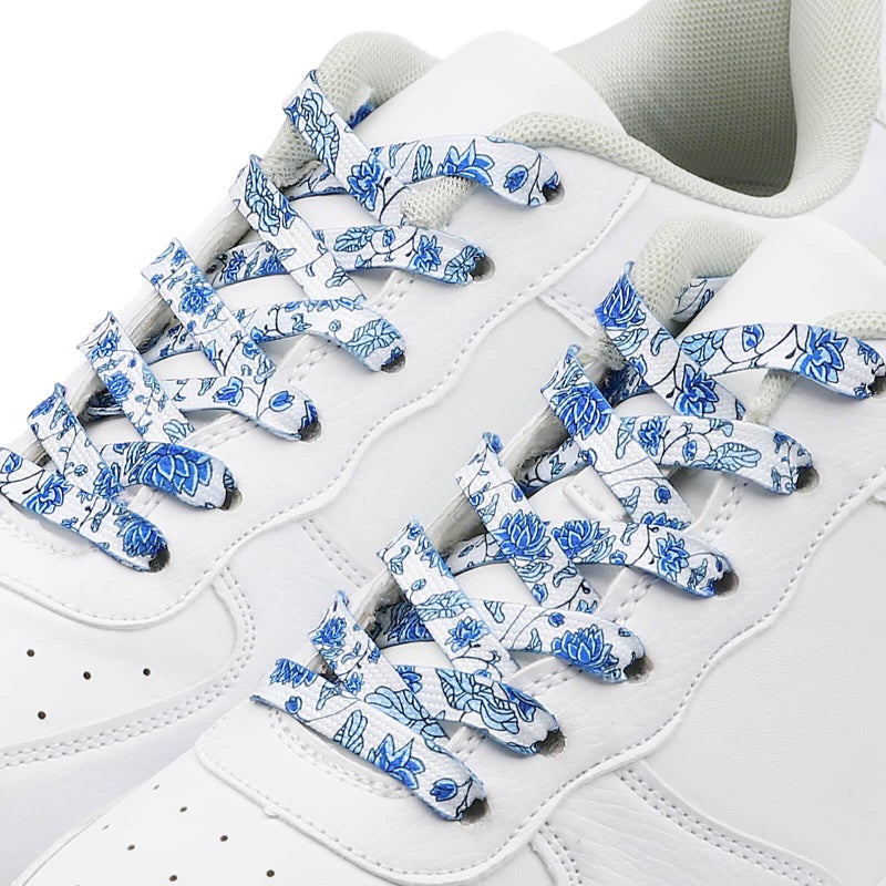 DANHUA Colored Printed Flat Shoelaces: 2 Pair White Blue Flowers Patterned Shoe Laces for Sneakers 55 inch - Image 3