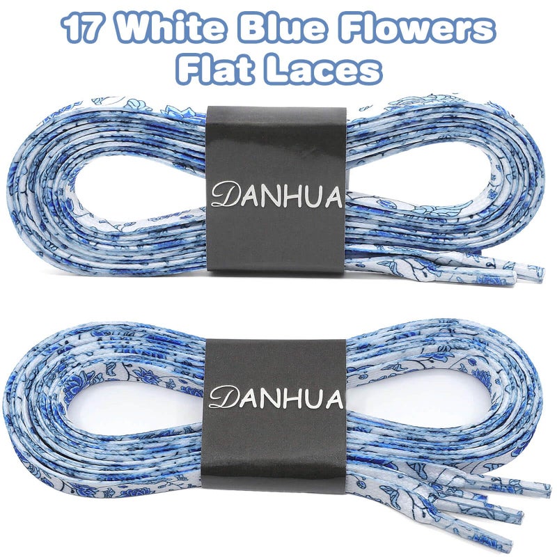 DANHUA Colored Printed Flat Shoelaces: 2 Pair White Blue Flowers Patterned Shoe Laces for Sneakers 55 inch - Image 2