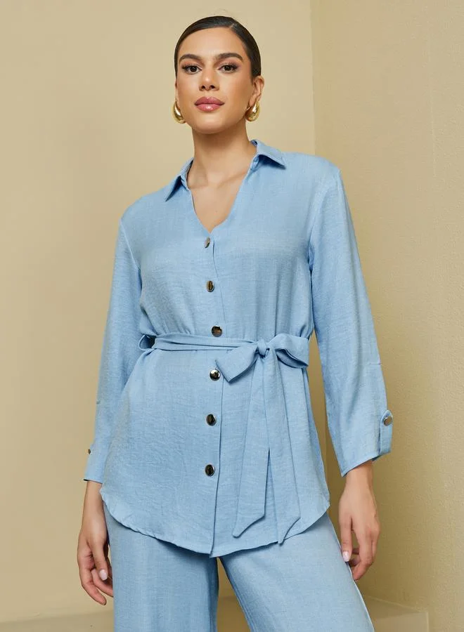 ستايلي Regular Fit Longline Shirt and Wide Leg Pants Modest Set