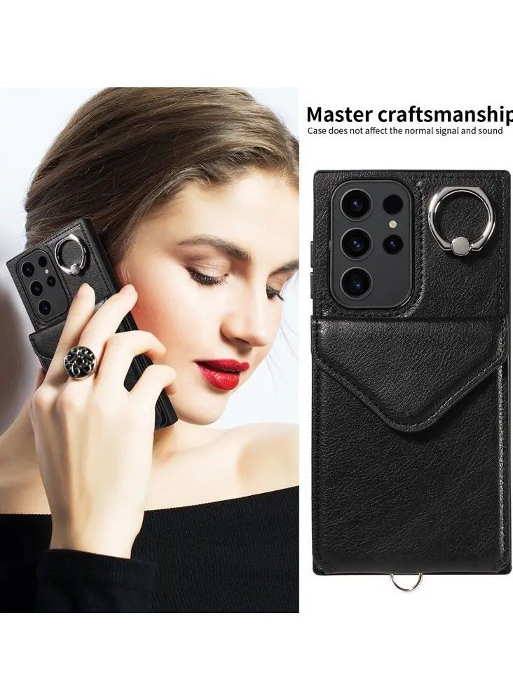 Color Fans Samsung Galaxy S24 Ultra Kickstand Cover Card Holder Leather Cell Phone Case - Black  - Image 3