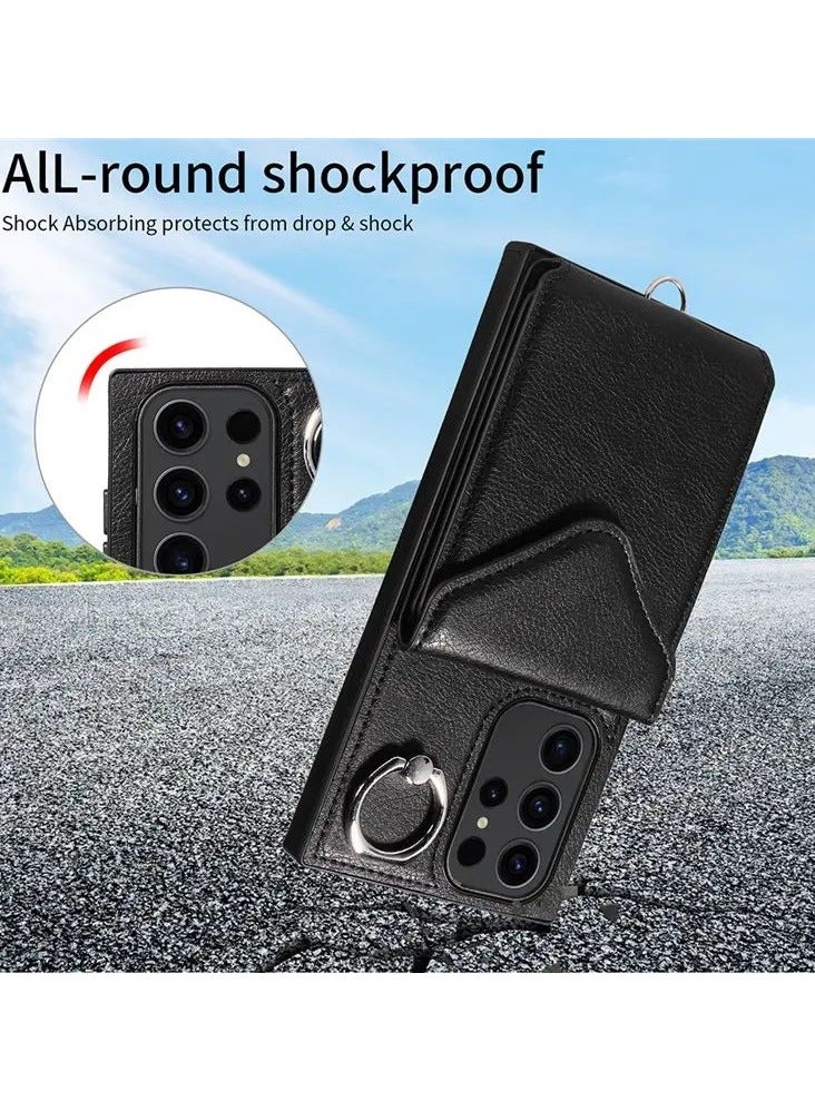 Color Fans Samsung Galaxy S24 Ultra Kickstand Cover Card Holder Leather Cell Phone Case - Black  - Image 2