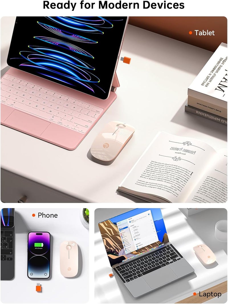 RAPIQUE R306C USB C Wireless Mouse, Type-C 2.4GHz Portable Computer Mouse, Silent Click, Ultra-Slim, 3-Speed DPI, 480 Hours Battery Life, for USB-C Laptops, MacBook, iPad, MacOS - Flesh Pink - Image 3