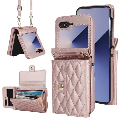 XIMAND for Samsung Galaxy Z Flip 6 Accordion Crossbody Wallet Case, 4 Card Slots, RFID Blocking, and Adjustable Strap - Stylish and Versatile Accessory for The Modern Chic Woman (Rose Gold) - Image 1