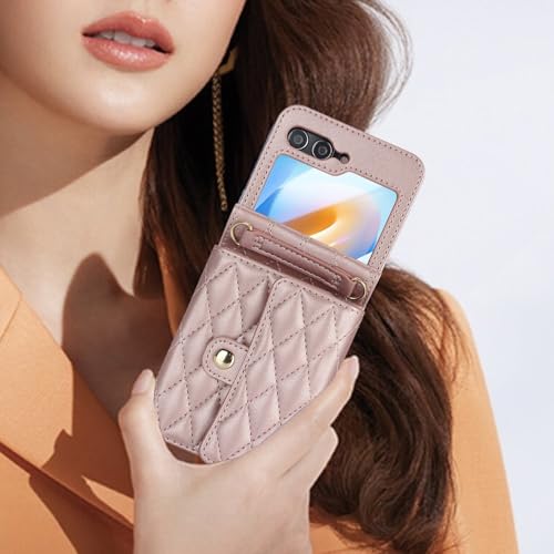 XIMAND for Samsung Galaxy Z Flip 6 Accordion Crossbody Wallet Case, 4 Card Slots, RFID Blocking, and Adjustable Strap - Stylish and Versatile Accessory for The Modern Chic Woman (Rose Gold) - Image 3