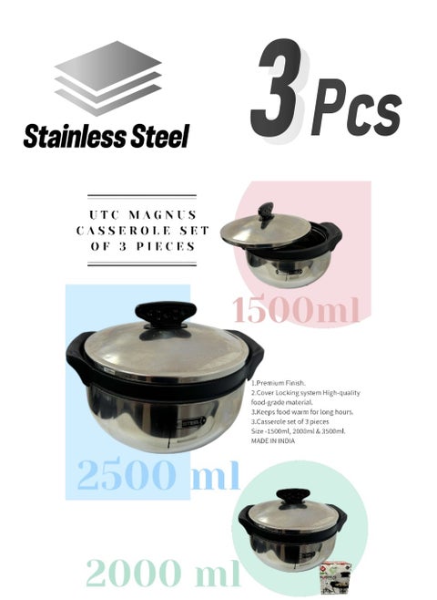 UTC Magnus insulated stainless steel casserole Set of 3 pieces -1500ml, 2000ml and 2500ml