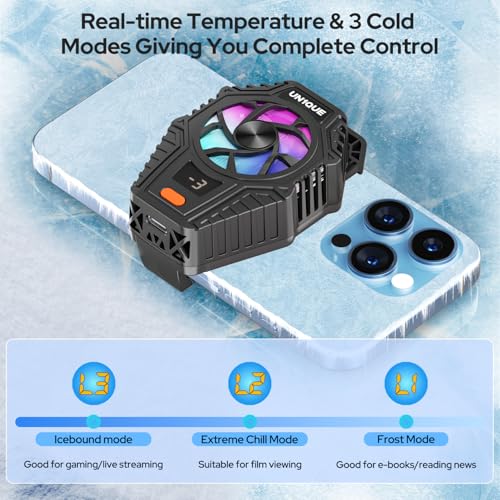 UN1QUE CellPhone Cooler, RGB Phone Cooling Fan, Gaming Cooler 3 Speed Adjustable with Semi-Conductor Cooling Chip, Phone Radiator with Temperature Display for Mobile Gaming - Image 4