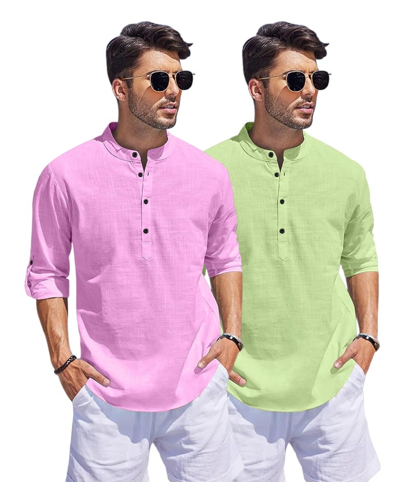 Bellstone Men's Cotton Blend Straight Kurta Shirt Combo with Mandarin Collar - Slim Fit Casual Short Kurti Set Featuring Textured Slub Fabric and Roll-Up Full Sleeves - Image 3