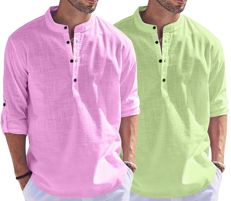 Bellstone Men's Cotton Blend Straight Kurta Shirt Combo with Mandarin Collar - Slim Fit Casual Short Kurti Set Featuring Textured Slub Fabric and Roll-Up Full Sleeves - Image 1