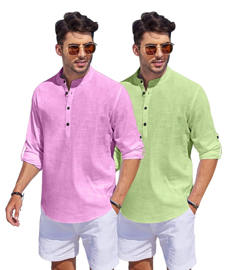 Bellstone Men's Cotton Blend Straight Kurta Shirt Combo with Mandarin Collar - Slim Fit Casual Short Kurti Set Featuring Textured Slub Fabric and Roll-Up Full Sleeves - Image 2