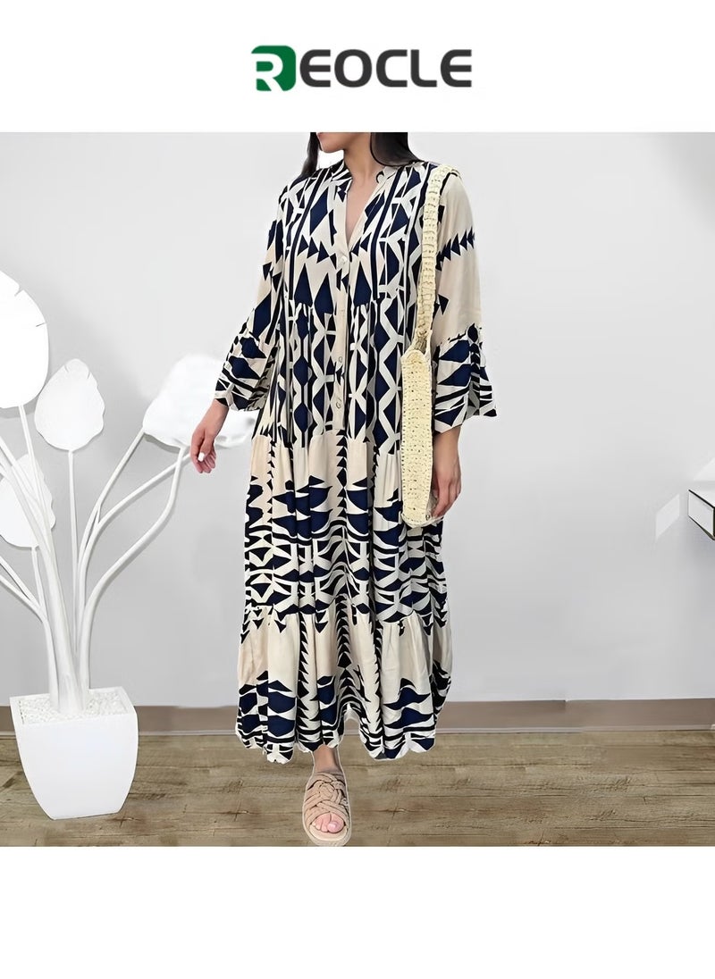 REOCLE Women's Maxi Dress Flowy Bohemian Dresses Long Sleeve Cotton V-Neck Button Up Floral Print Long Dresses - Image 1