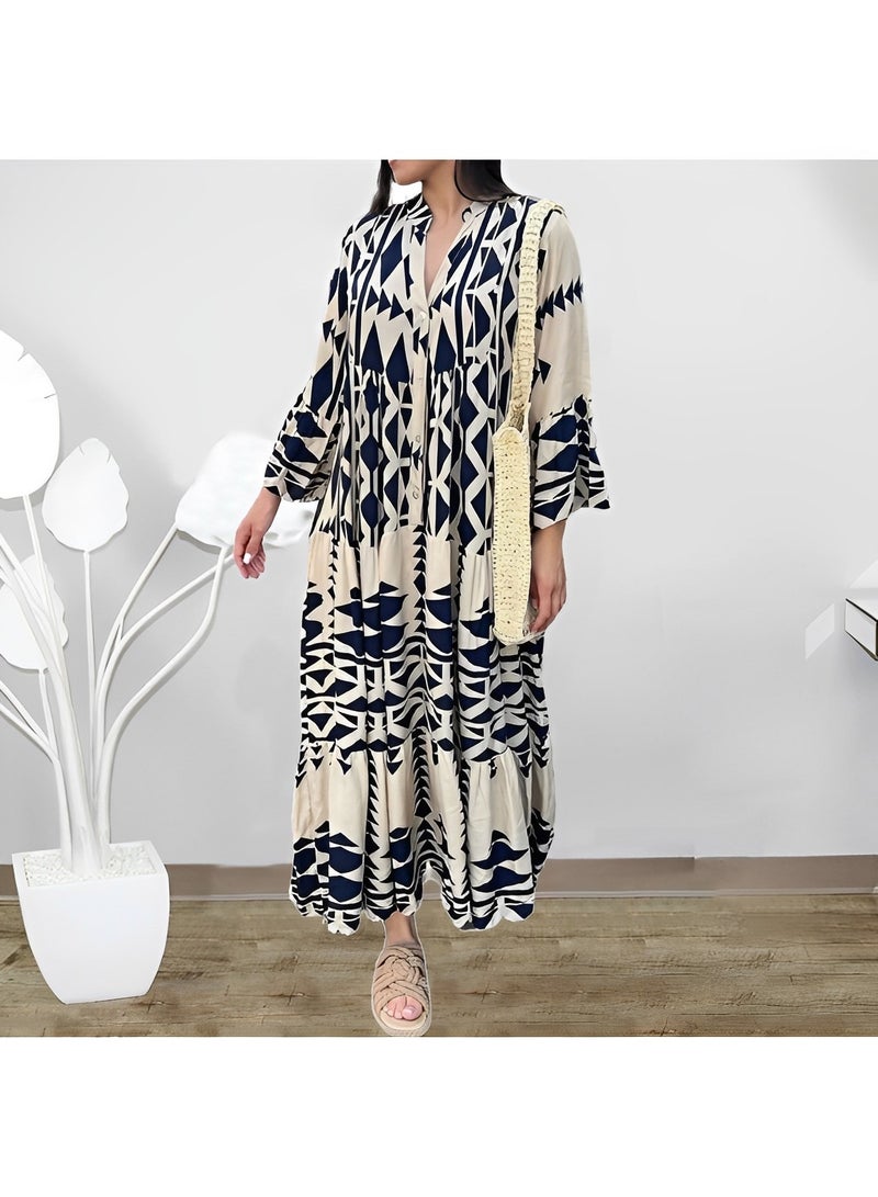 REOCLE Women's Maxi Dress Flowy Bohemian Dresses Long Sleeve Cotton V-Neck Button Up Floral Print Long Dresses - Image 3