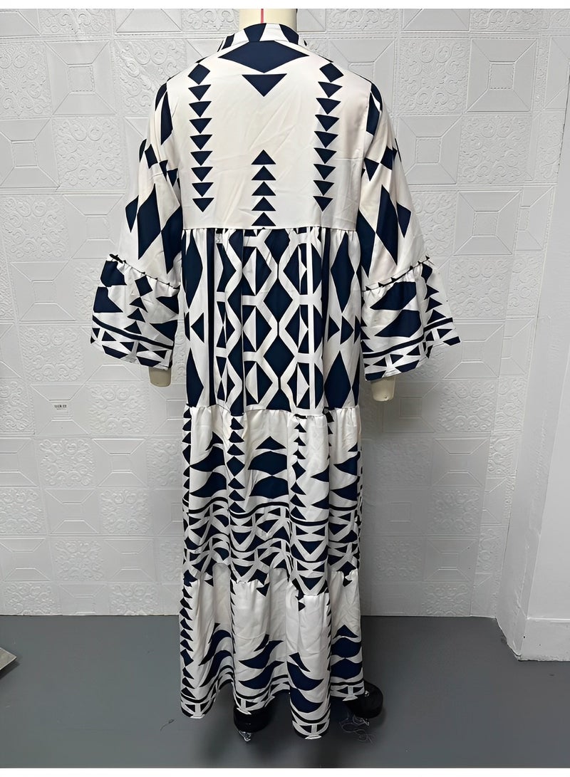 REOCLE Women's Maxi Dress Flowy Bohemian Dresses Long Sleeve Cotton V-Neck Button Up Floral Print Long Dresses - Image 2