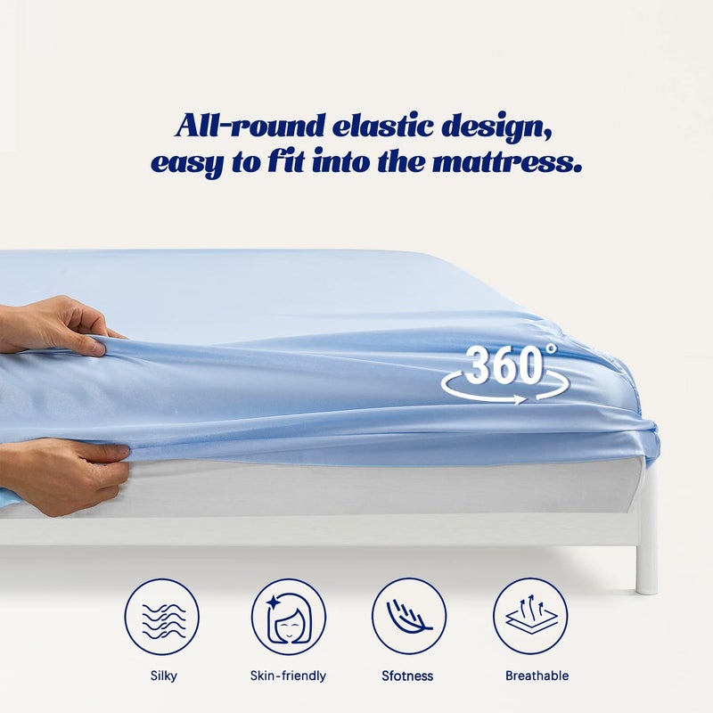MR&HM MR&HM Satin Fitted Sheet Queen Size  Silky Bottom Sheet with Elastic Corner Straps  Deep Pocket up to 15 Inch  No More Slipping Off for Mattress - 1 Fitted Sheet Only (Light Blue)  - Image 5