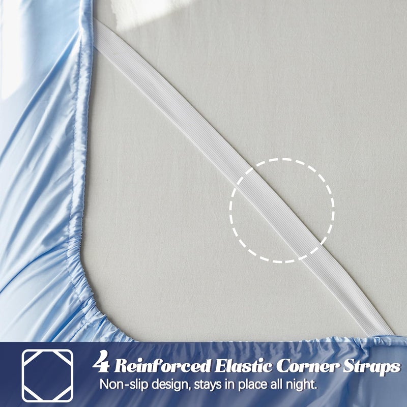 MR&HM MR&HM Satin Fitted Sheet Queen Size  Silky Bottom Sheet with Elastic Corner Straps  Deep Pocket up to 15 Inch  No More Slipping Off for Mattress - 1 Fitted Sheet Only (Light Blue)  - Image 3