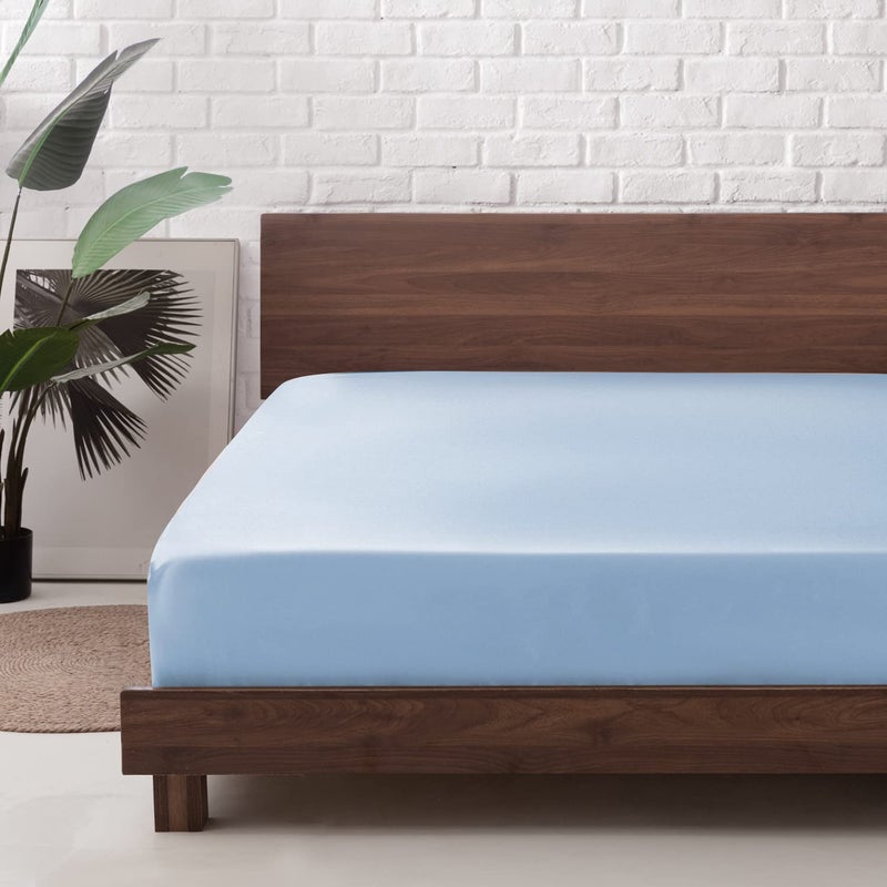 MR&HM MR&HM Satin Fitted Sheet Queen Size  Silky Bottom Sheet with Elastic Corner Straps  Deep Pocket up to 15 Inch  No More Slipping Off for Mattress - 1 Fitted Sheet Only (Light Blue)  - Image 1