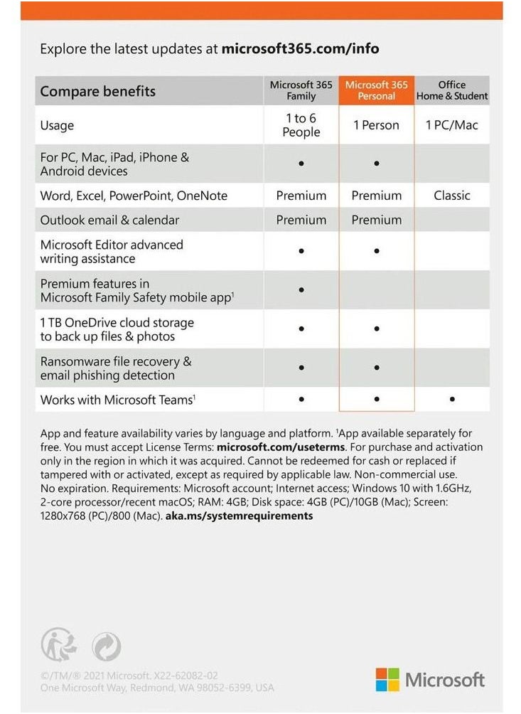 Microsoft - Microsoft 365 Personal Office 1 user 1 year subscription PC Mac Tablet and Phone multilingual Retail Box - Image 1