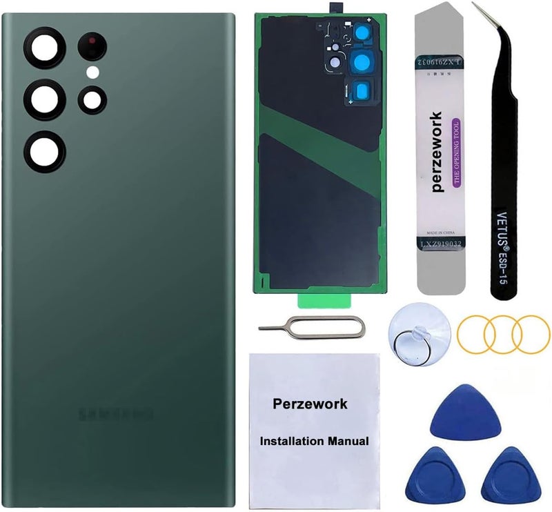 Perzework استبدال زجاج خلفي لجهاز سامسونج جالاكسي S22 ألترا 6.8 بوصة 5G مع مجموعة أدوات الإصلاح ومواد لاصقة مثبتة مسبقًا (أخضر) - Image 1