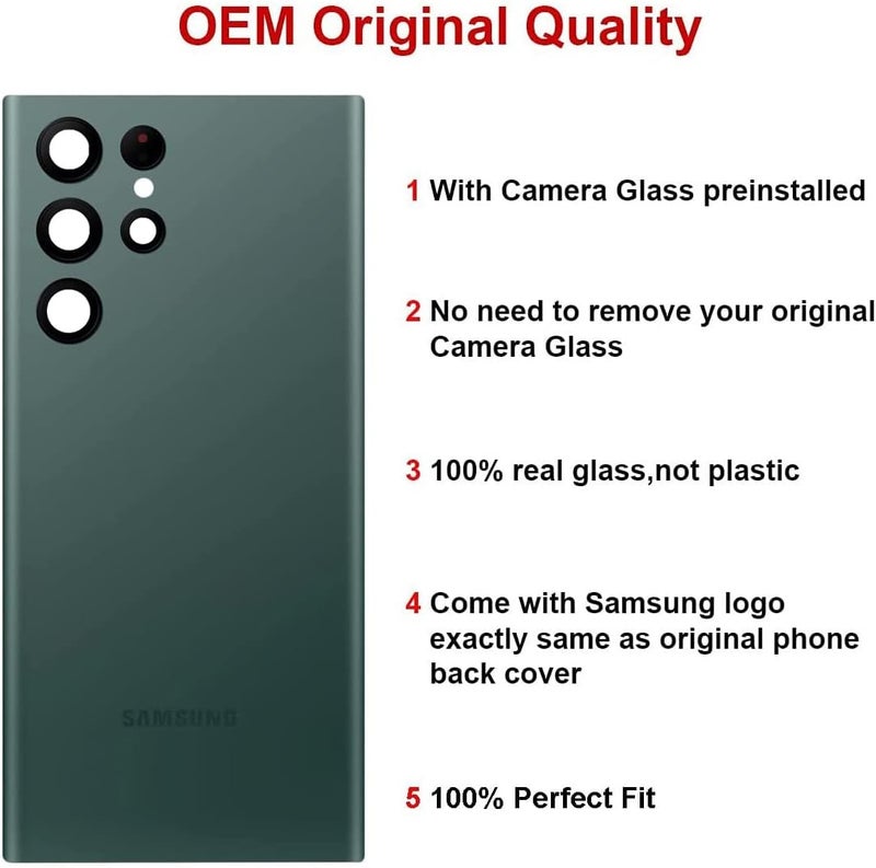 Perzework استبدال زجاج خلفي لجهاز سامسونج جالاكسي S22 ألترا 6.8 بوصة 5G مع مجموعة أدوات الإصلاح ومواد لاصقة مثبتة مسبقًا (أخضر) - Image 2