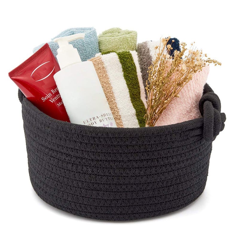 EZOWare Set of 3 Small Nursery Round Cotton Rope Knit Basket Cubes, Woven Storage Organiser Bins for Changing Table, Kids Baby Closets, Room Decor, Dog Cat Toys, Towels, Gift Baskets Empty - Black - Image 4