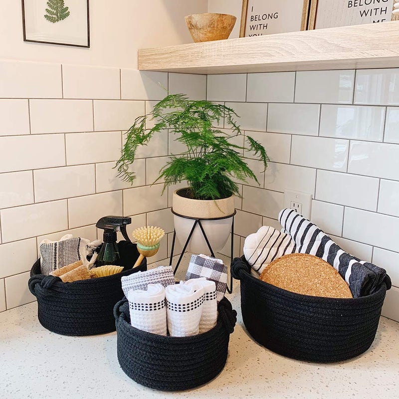 EZOWare Set of 3 Small Nursery Round Cotton Rope Knit Basket Cubes, Woven Storage Organiser Bins for Changing Table, Kids Baby Closets, Room Decor, Dog Cat Toys, Towels, Gift Baskets Empty - Black - Image 3