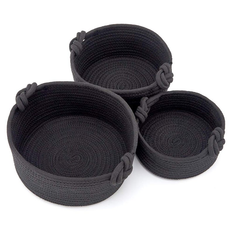 EZOWare Set of 3 Small Nursery Round Cotton Rope Knit Basket Cubes, Woven Storage Organiser Bins for Changing Table, Kids Baby Closets, Room Decor, Dog Cat Toys, Towels, Gift Baskets Empty - Black - Image 1