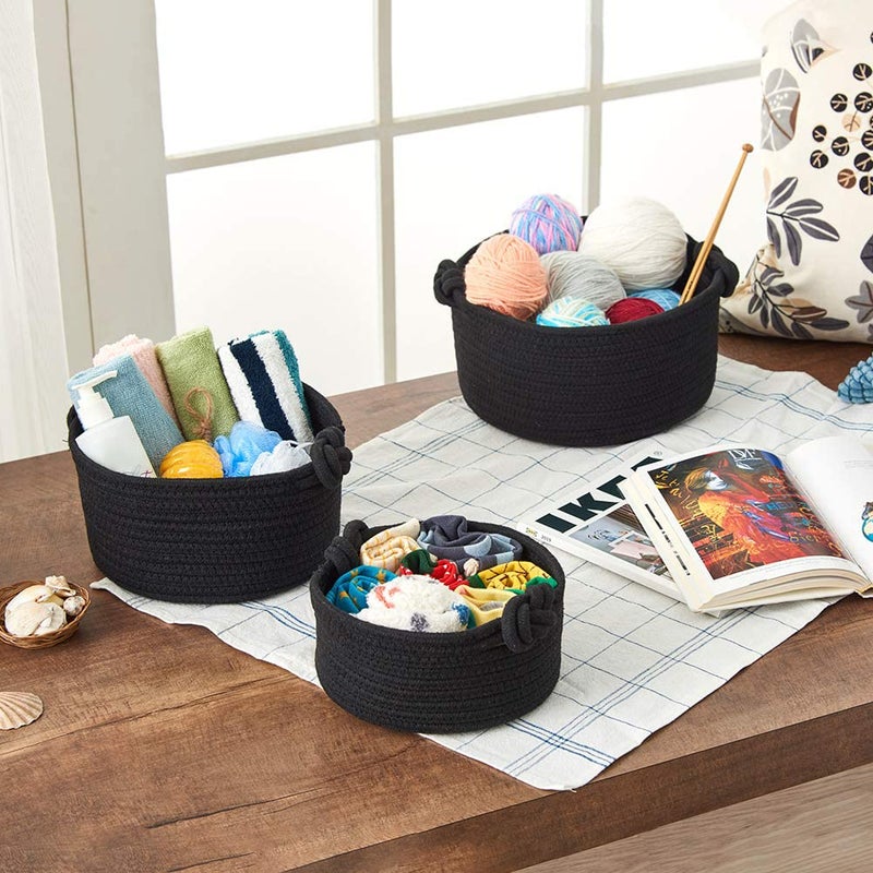 EZOWare Set of 3 Small Nursery Round Cotton Rope Knit Basket Cubes, Woven Storage Organiser Bins for Changing Table, Kids Baby Closets, Room Decor, Dog Cat Toys, Towels, Gift Baskets Empty - Black - Image 5