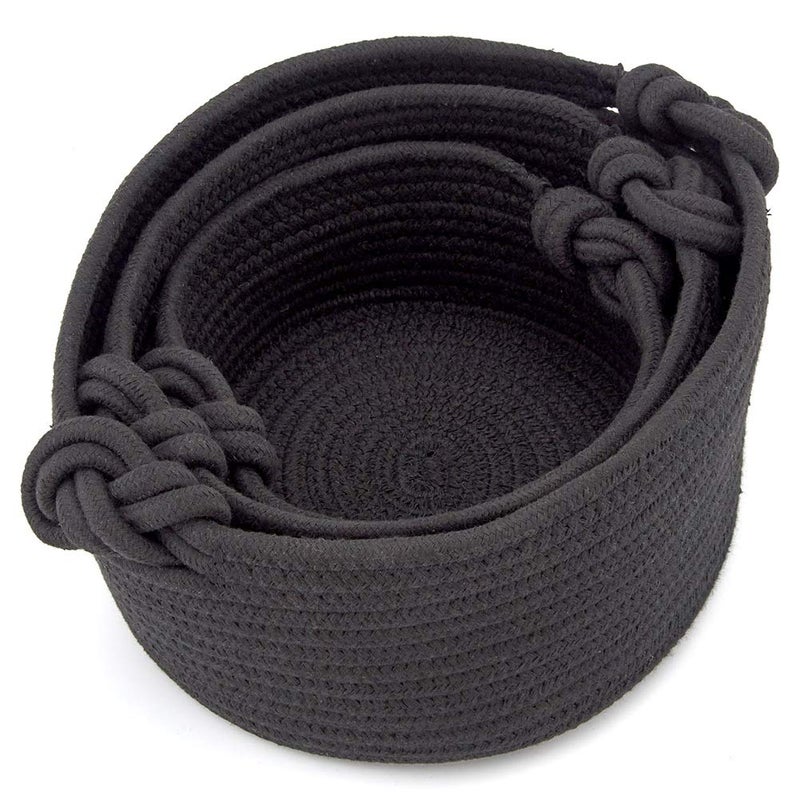 EZOWare Set of 3 Small Nursery Round Cotton Rope Knit Basket Cubes, Woven Storage Organiser Bins for Changing Table, Kids Baby Closets, Room Decor, Dog Cat Toys, Towels, Gift Baskets Empty - Black - Image 2
