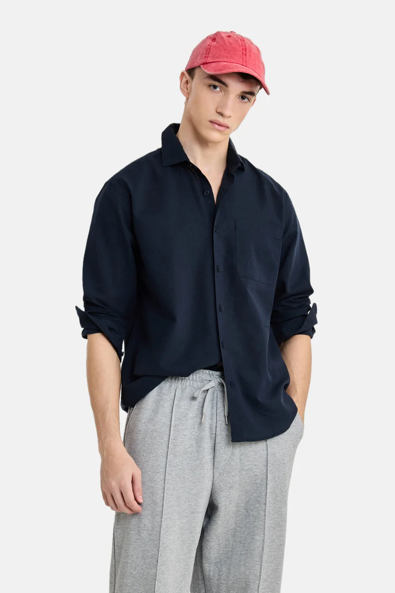 SNITCH Navy Blue Solid Long Sleeve Regular Fit Casual Shirt