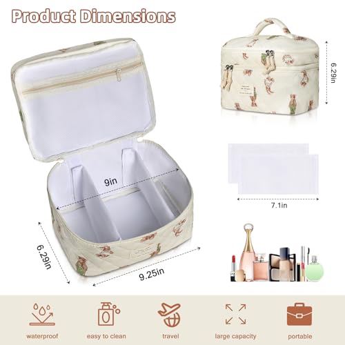 Gosect Makeup bag Large Cosmetic Bag for Women Girls Cute Quilted Makeup Bags Floral Coquette Aesthetic Toiletry Bag Travel Make Up Organizer Bag Bear - Image 3