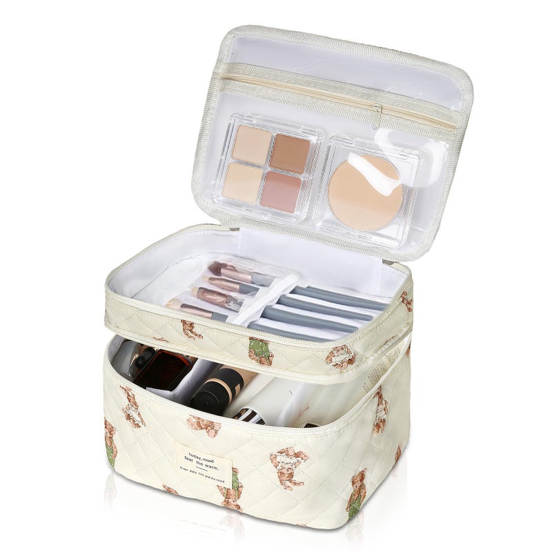 Gosect Makeup bag Large Cosmetic Bag for Women Girls Cute Quilted Makeup Bags Floral Coquette Aesthetic Toiletry Bag Travel Make Up Organizer Bag Bear - Image 2