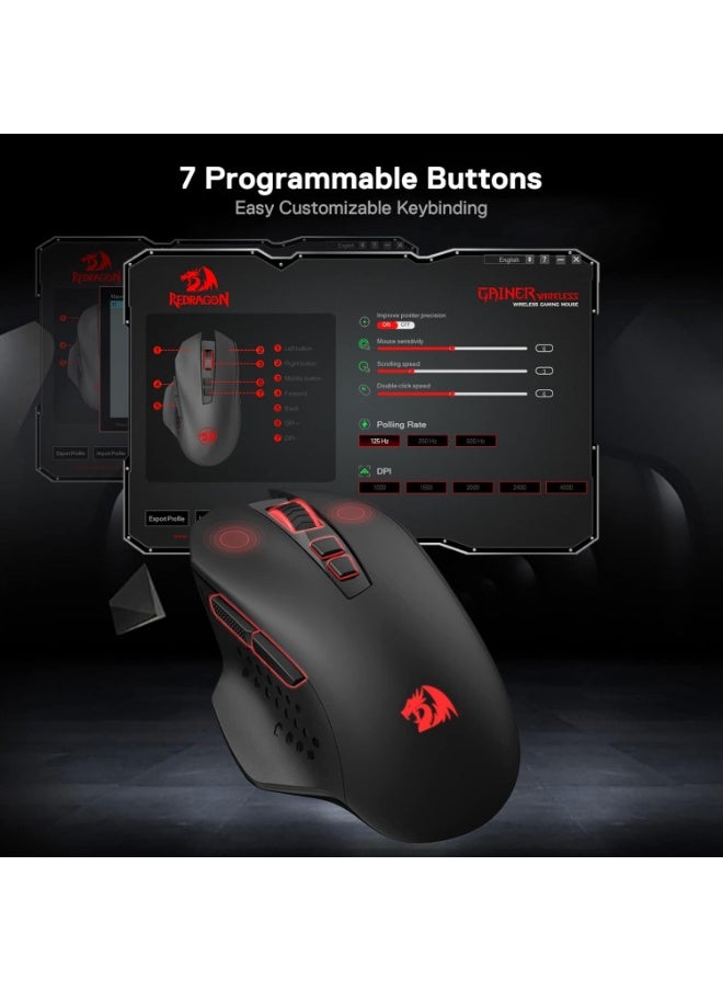 REDRAGON M656 Gainer Wireless Gaming Mouse, 4000 DPI 2.4Ghz Wireless Mouse w/ 5 DPI Levels, 7 Macro Buttons, Red LED Backlit & Pro Software/Drive Supported, for PC/Mac/Laptop  - Image 3