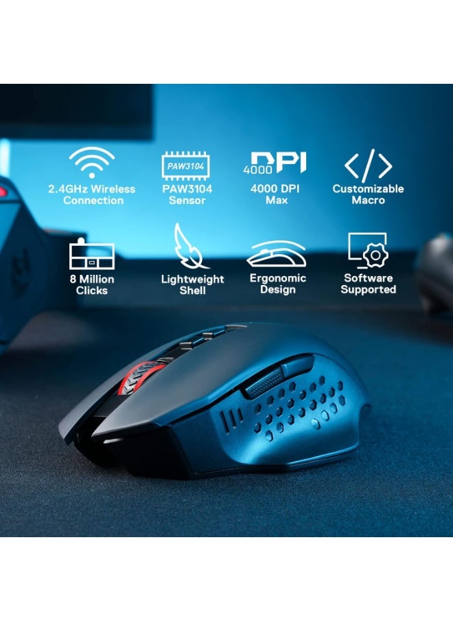 M656 Gainer Wireless Gaming Mouse, 4000 DPI 2.4Ghz Wireless Mouse w/ 5 DPI Levels, 7 Macro Buttons, Red LED Backlit & Pro Software/Drive Supported, for PC/Mac/Laptop
