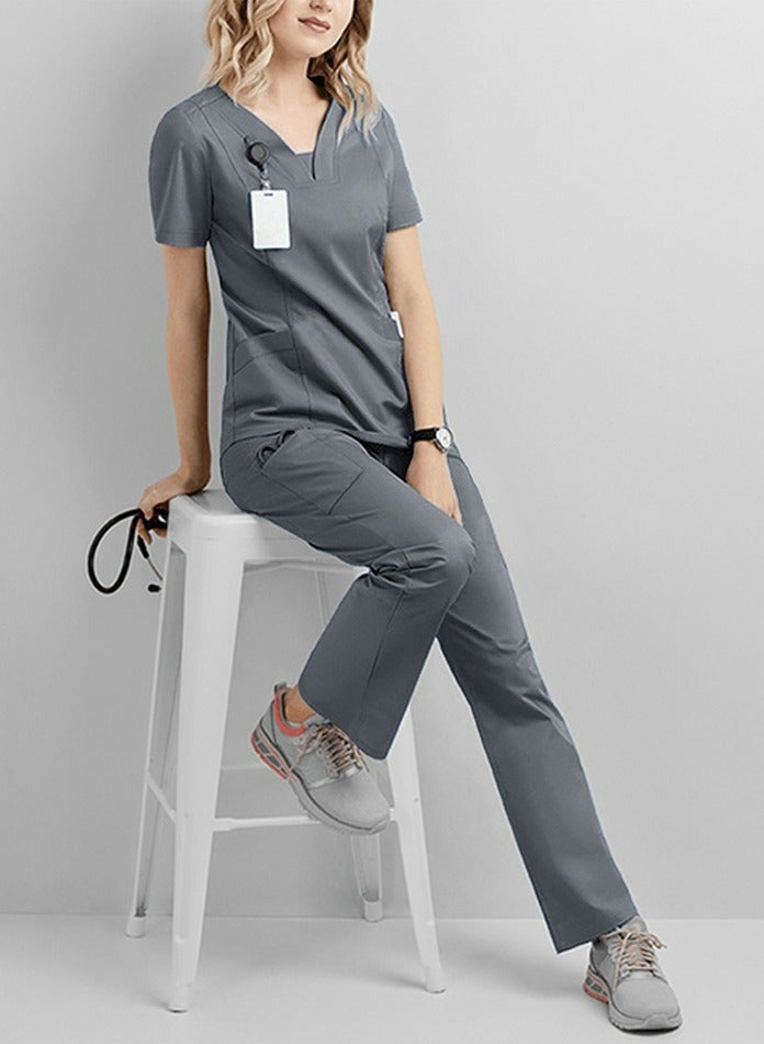 Loquat Solid Color Medical Uniform Scrubs 2 Piece Set V-Neck Top and Loose Pants  Set Grey