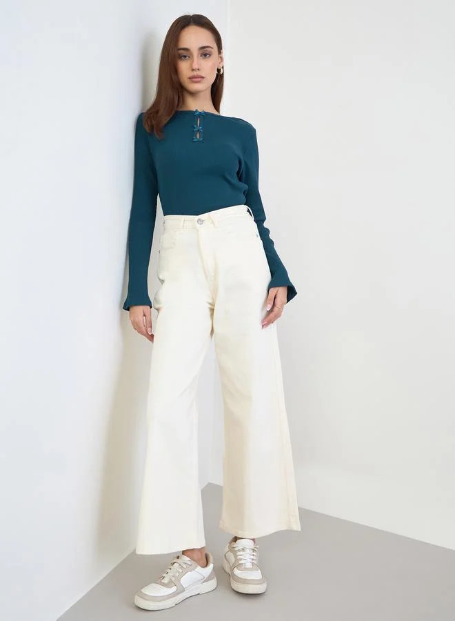 Styli Teal Slim Fit Bow Detail Knit Top