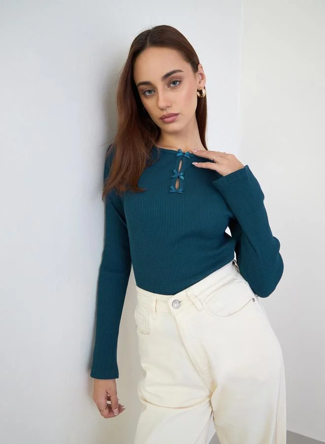 Styli Teal Slim Fit Bow Detail Knit Top