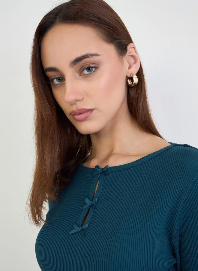 Styli Teal Slim Fit Bow Detail Knit Top