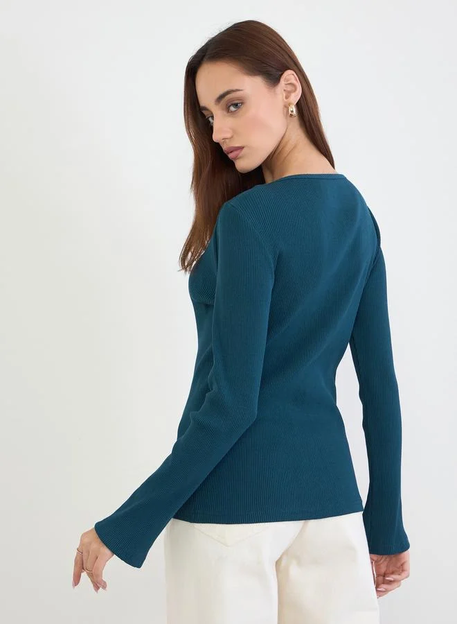 Styli Teal Slim Fit Bow Detail Knit Top