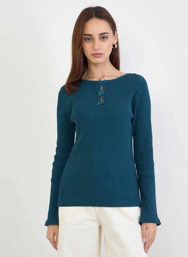 Styli Teal Slim Fit Bow Detail Knit Top