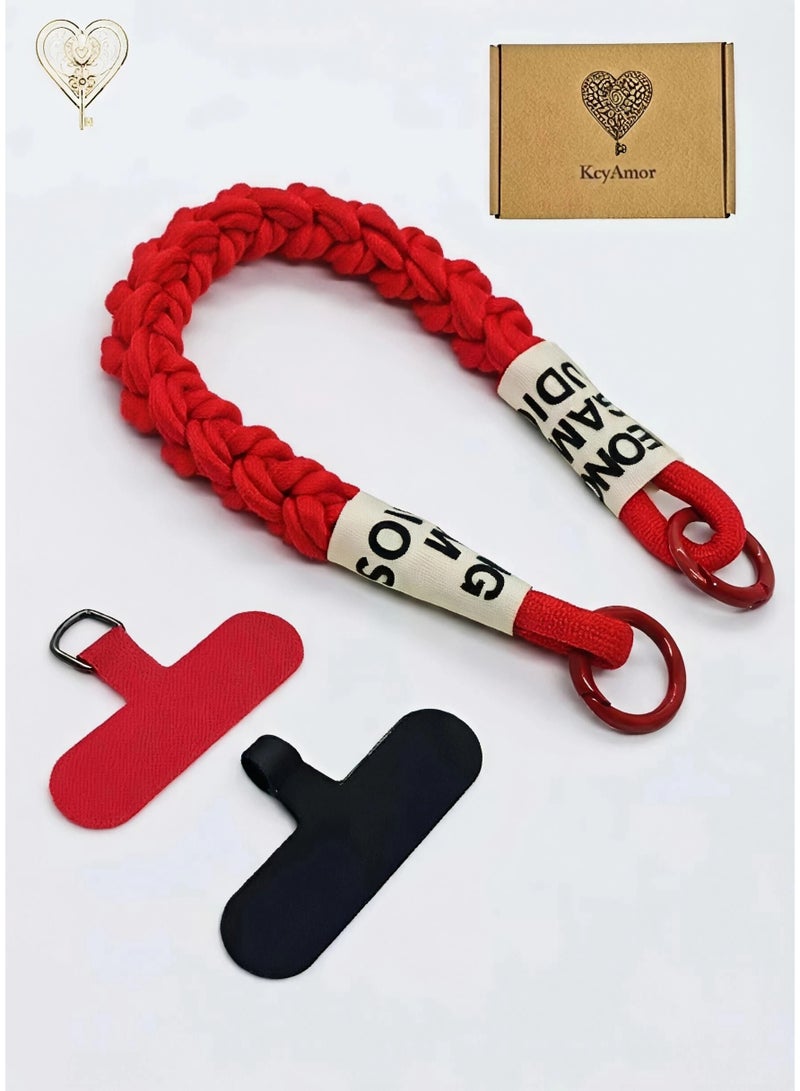 كيامور حبل معصم مضفر احمر  للهاتف مزوّد بملصقات قماشية ومشابك من سبائك معدنية سوداء غير لامعة – سوار يد أنيق ومتين مصنوع من باراكورد قوي، يشمل لسان تثبيت من السيليكون القوي أو الجلد لتوصيل حامل البطاقة بأمان، مثالي للاستخدام اليومي، السفر، المناسبات، ومنع سقوط الهاتف - Image 1