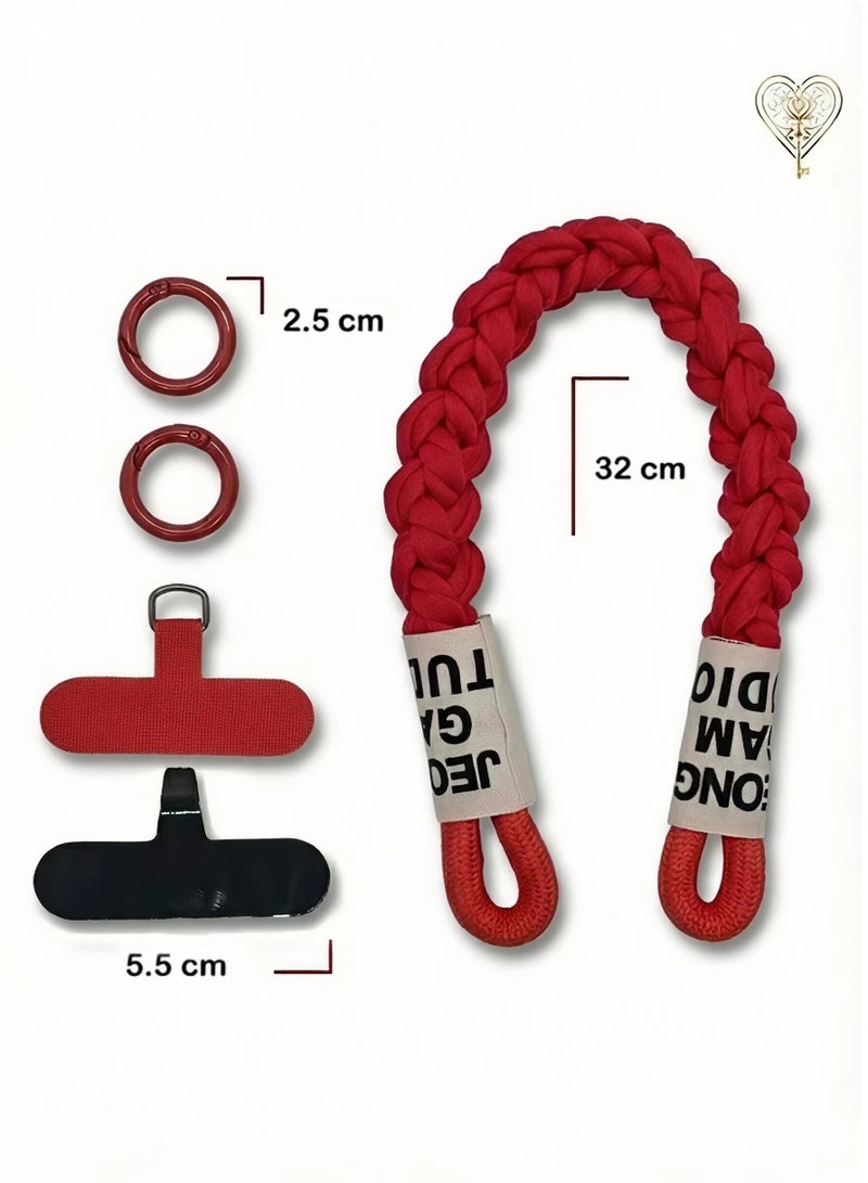 كيامور حبل معصم مضفر احمر  للهاتف مزوّد بملصقات قماشية ومشابك من سبائك معدنية سوداء غير لامعة – سوار يد أنيق ومتين مصنوع من باراكورد قوي، يشمل لسان تثبيت من السيليكون القوي أو الجلد لتوصيل حامل البطاقة بأمان، مثالي للاستخدام اليومي، السفر، المناسبات، ومنع سقوط الهاتف - Image 3