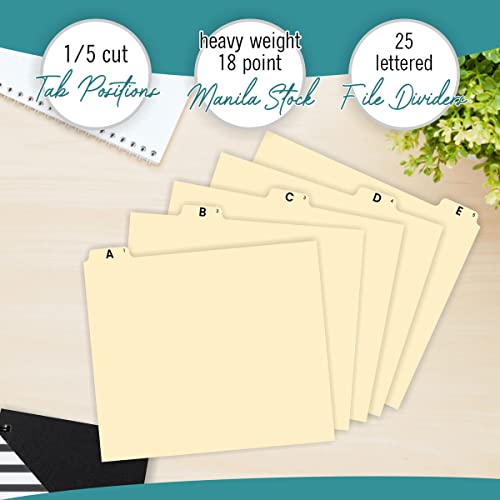 EXTRIC Alphabetical File Organizer, File Cabinet Dividers Letter Size, 25 Heavyweight Manila Guides A-Z Dividers with Tabs, 1/5 Cut Tab Positions Filing Cabinet and Desk Organizer - Image 3