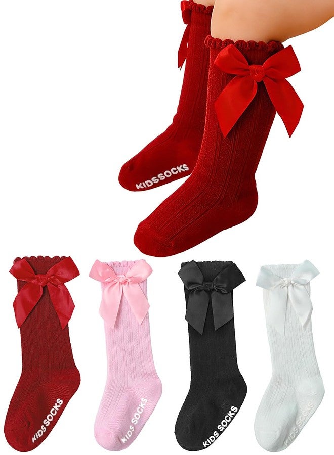 Urieo Toddler Knee High Socks with Bow Baby Girl Non-Slip Kids Dress Uniform Socks - Image 1