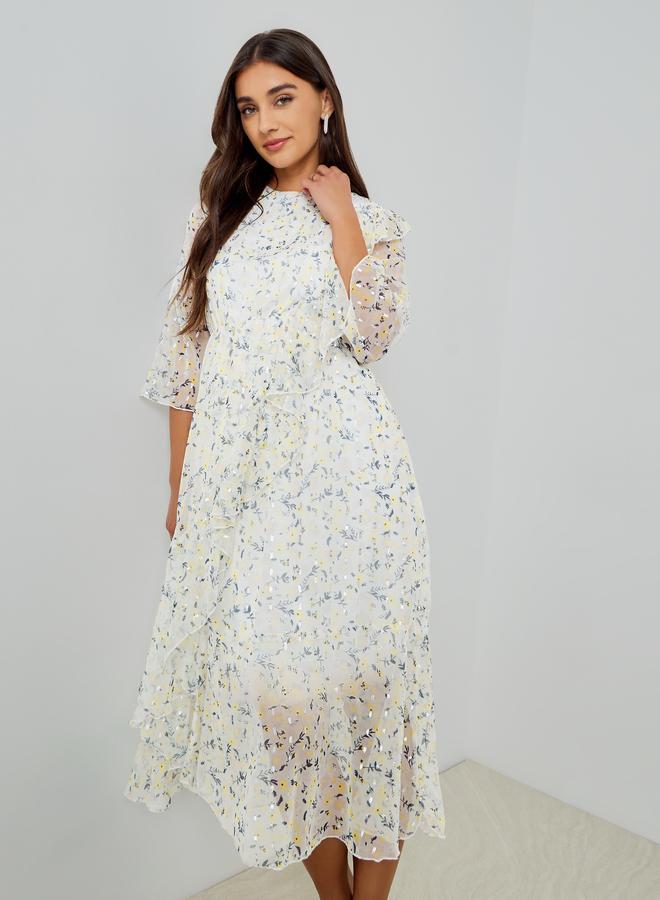 Women Off White Floral Print Midi Dress with 3/4 Sleeves