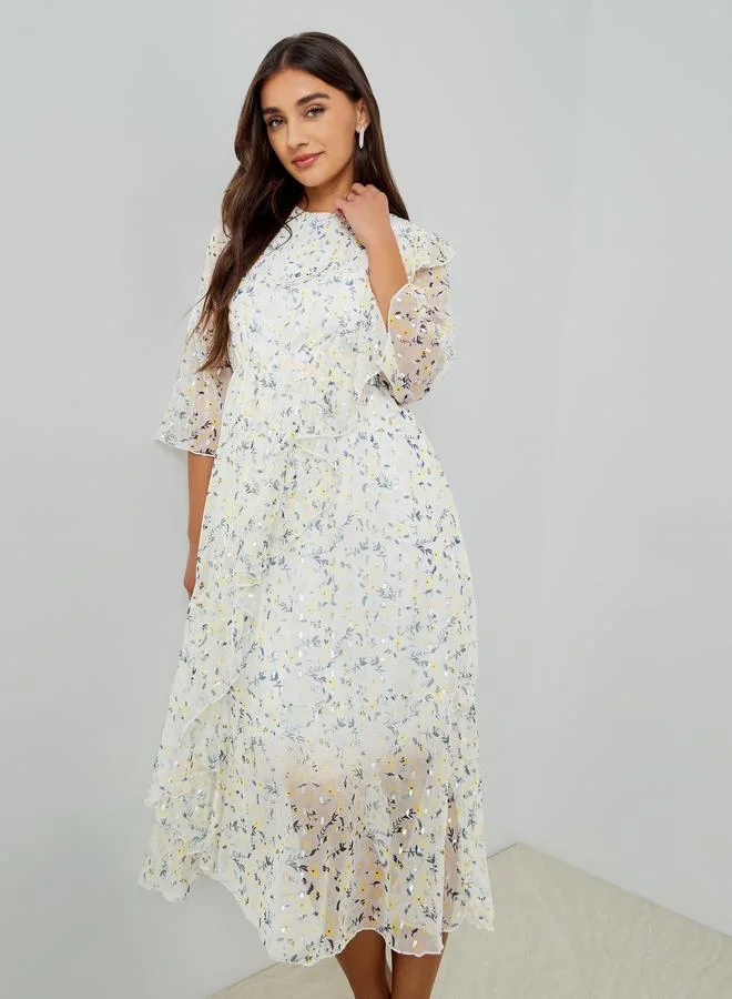 Styli Women Off White Floral Print Midi Dress with 3/4 Sleeves