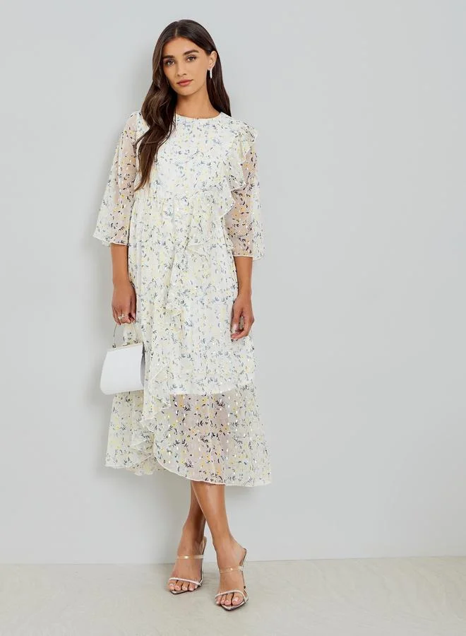 Styli Women Off White Floral Print Midi Dress with 3/4 Sleeves