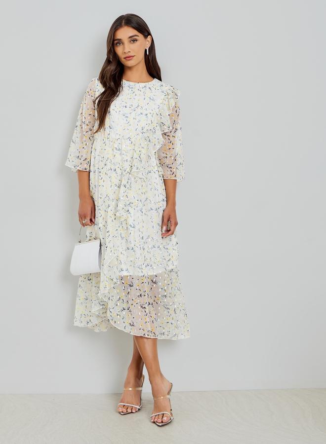 Styli Women Off White Floral Print Midi Dress with 3/4 Sleeves - Image 2