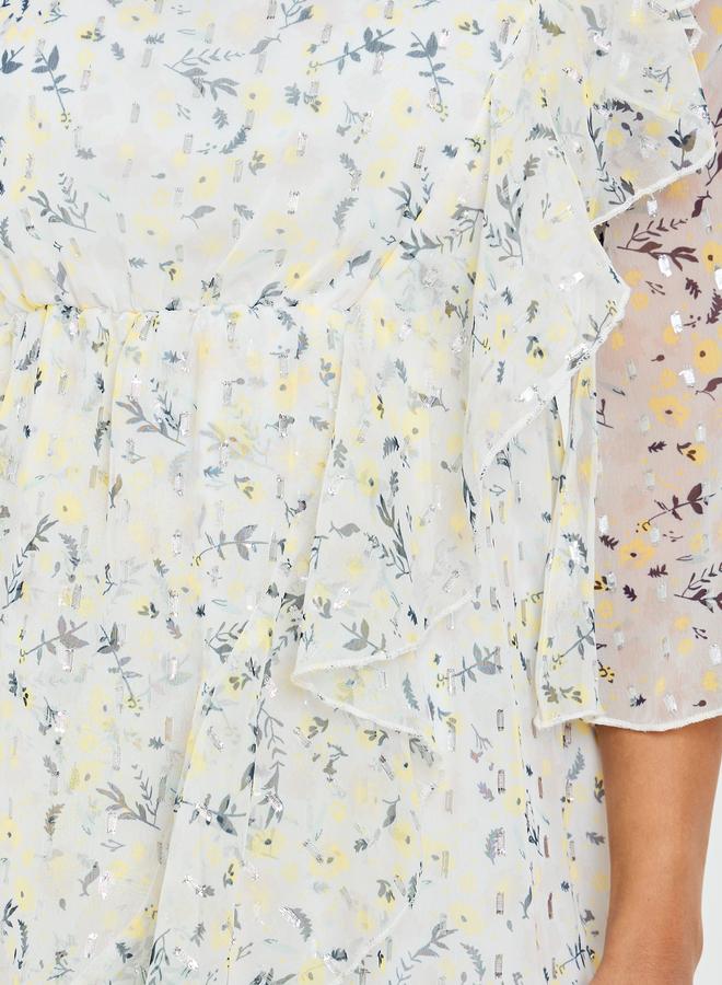 Styli Women Off White Floral Print Midi Dress with 3/4 Sleeves - Image 4